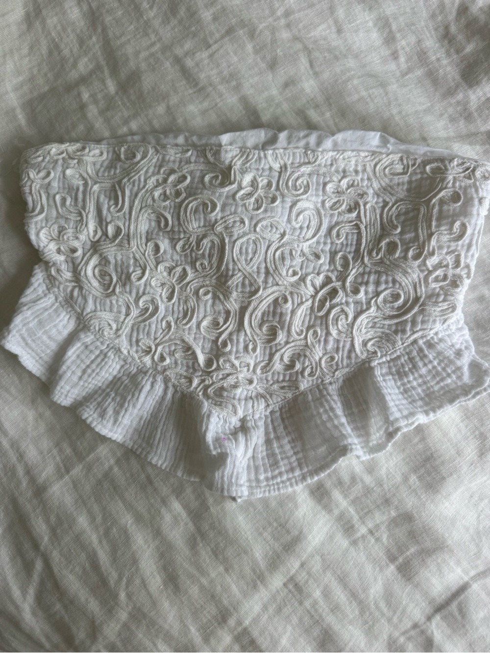 American Eagle Outfitters White Embroidered Tube Top with Ruffle Hem